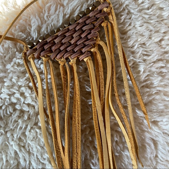 HANDMADE Gold Deerskin Leather Fringe Shield Necklace - Picture 5 of 5